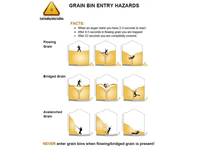 The dangers in a bin of out-of-condition grain can be both seen and unseen. The apparent danger would be things like bridged-up grain, which could engulf and kill those who enter the bin. The unseen dangers could be the micro-toxins and dust in the bin from the spoiled grain. (Graphic courtesy of the Occupational Safety and Health Administration)